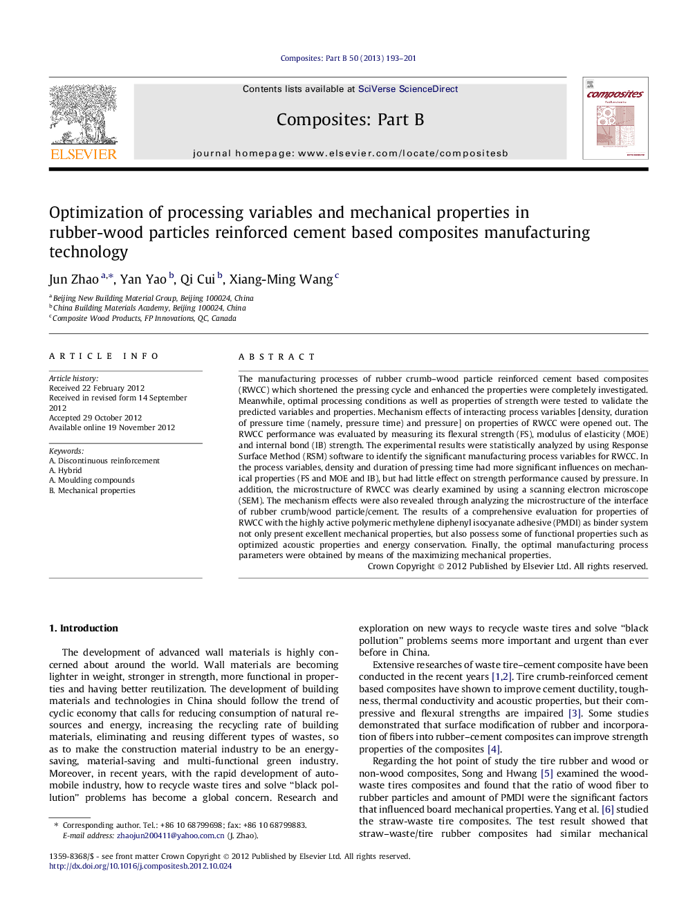 Optimization of processing variables and mechanical properties in rubber-wood particles reinforced cement based composites manufacturing technology