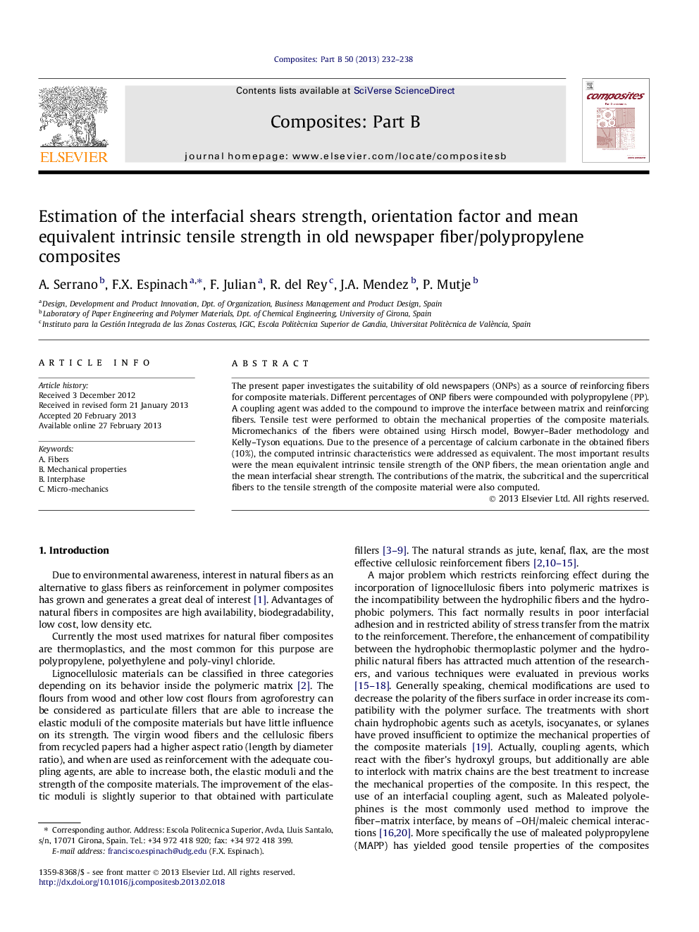 Estimation of the interfacial shears strength, orientation factor and mean equivalent intrinsic tensile strength in old newspaper fiber/polypropylene composites