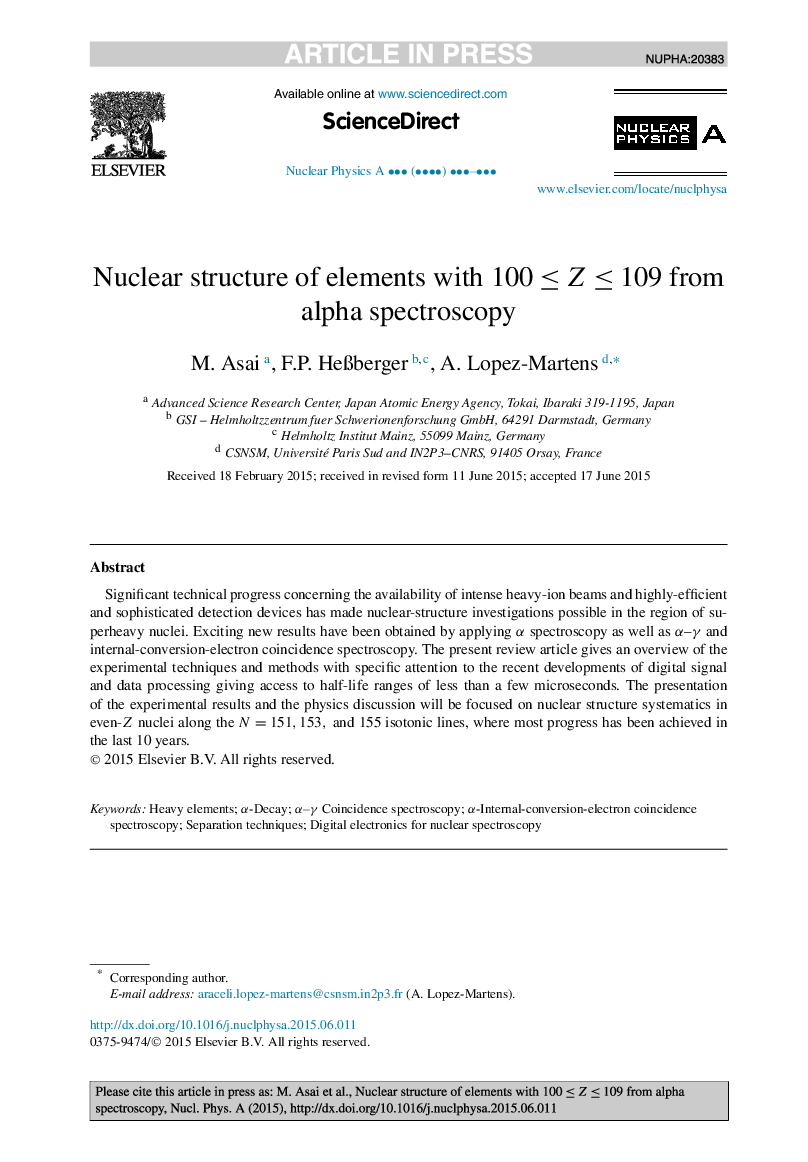 Nuclear structure of elements with 100Â â¤Â ZÂ â¤Â 109 from alpha spectroscopy