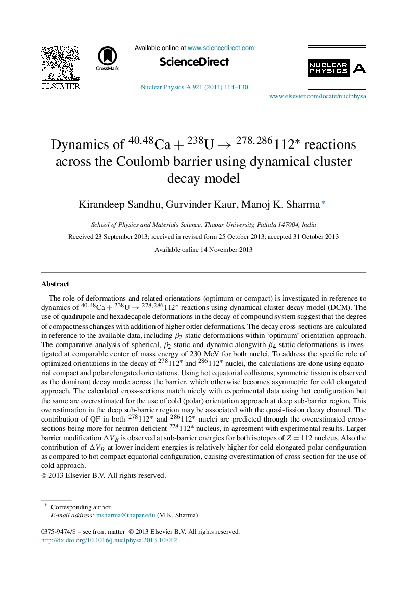 Dynamics of Ca40,48+238Uâ278,286112â reactions across the Coulomb barrier using dynamical cluster decay model