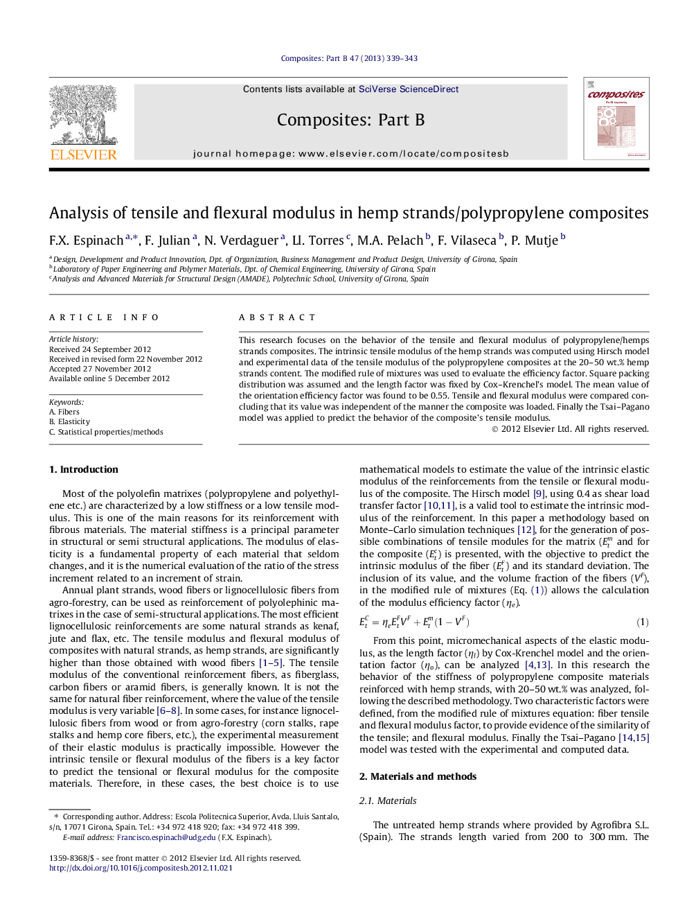 Analysis of tensile and flexural modulus in hemp strands/polypropylene composites