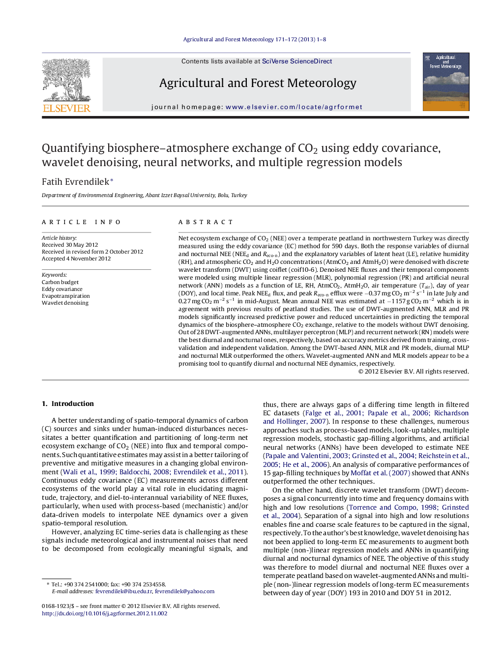 Quantifying biosphere–atmosphere exchange of CO2 using eddy covariance, wavelet denoising, neural networks, and multiple regression models