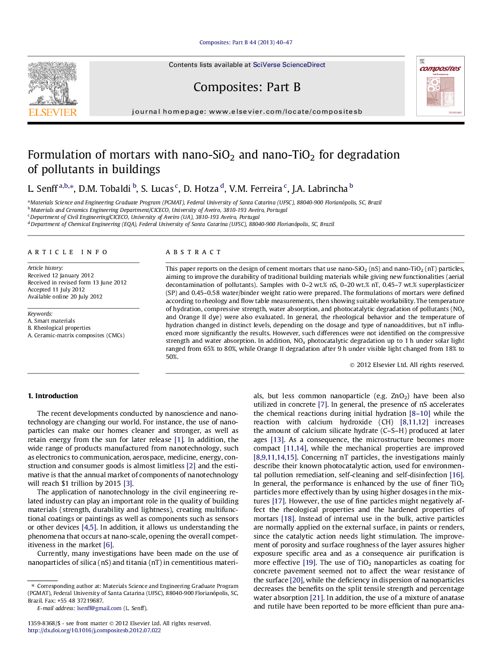 Formulation of mortars with nano-SiO2 and nano-TiO2 for degradation of pollutants in buildings