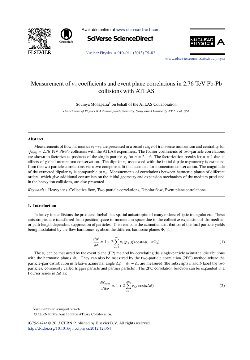 Measurement of Î½n coefficients and event plane correlations in 2.76 TeV Pb-Pb collisions with ATLAS