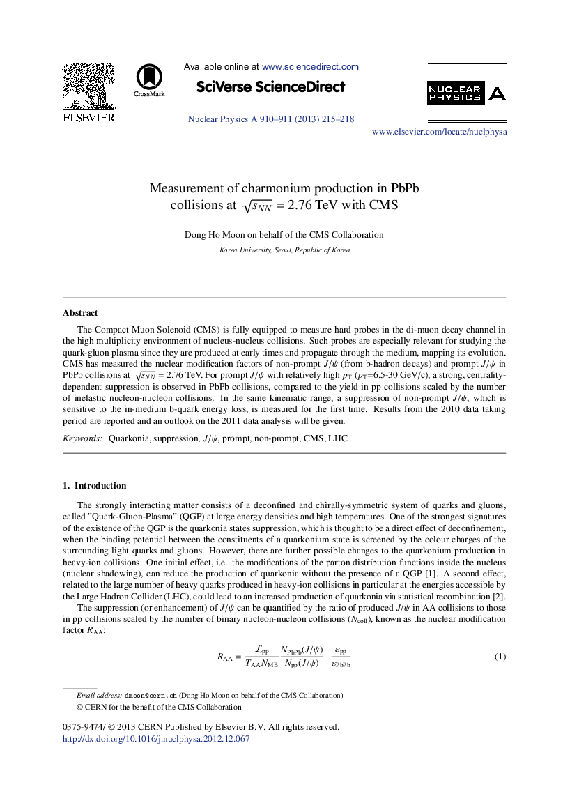 عکس صفحه اول مقاله: Measurement of charmonium production in PbPb collisions at sNN=2.76TeV with CMS Measurement of charmonium production in PbPb collisions at sNN=2.76TeV with CMS