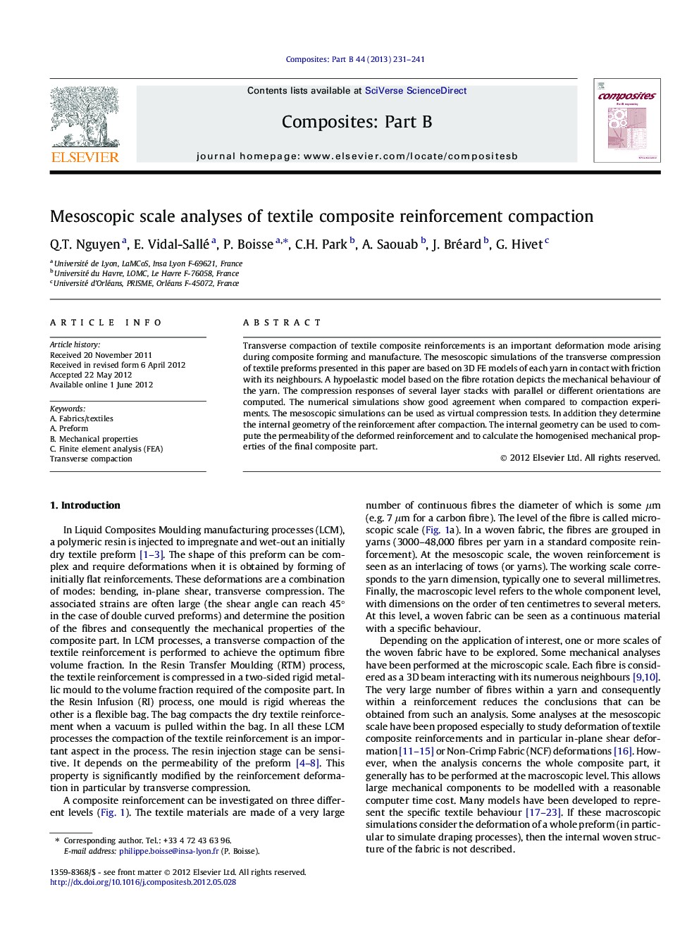 Mesoscopic scale analyses of textile composite reinforcement compaction