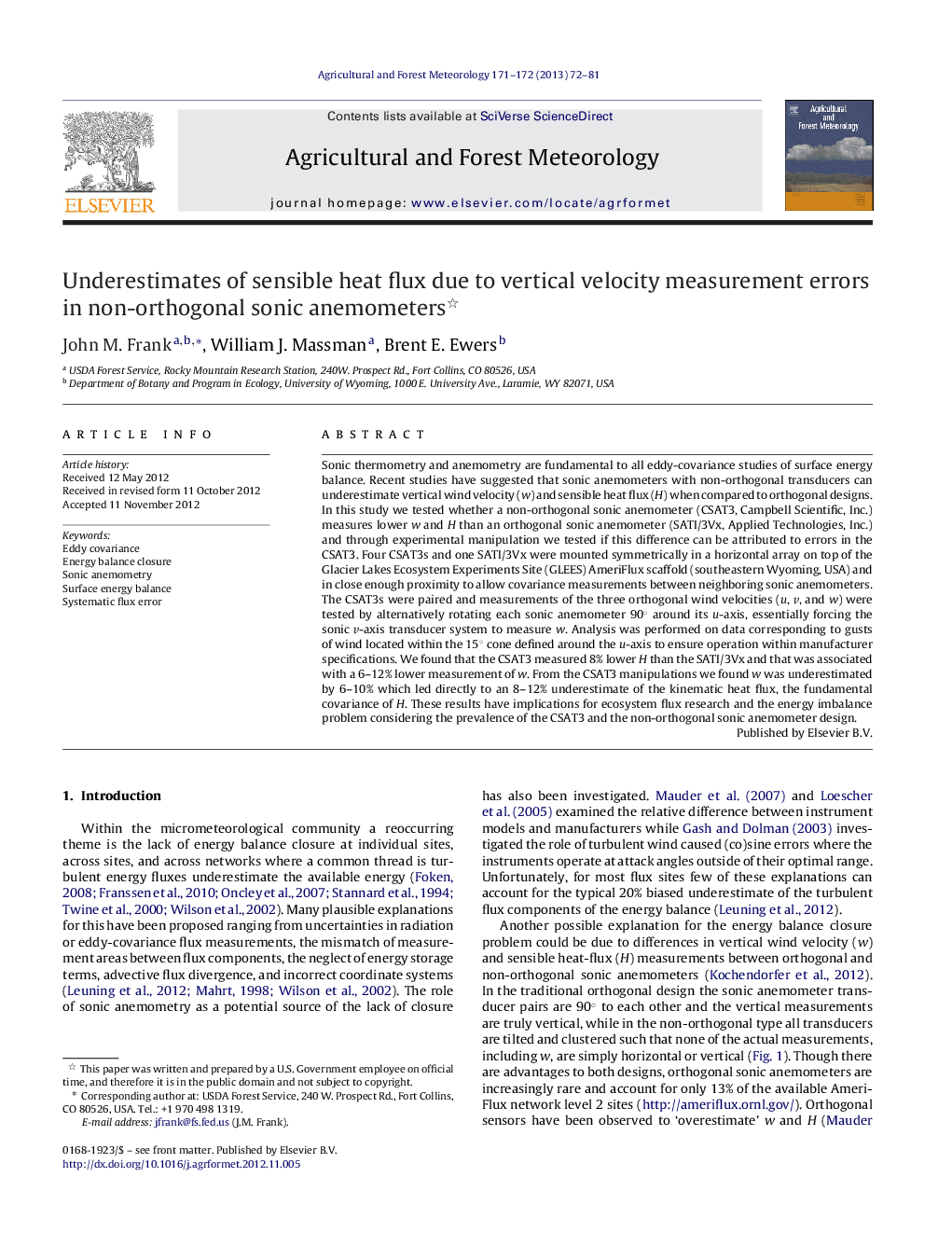 عکس صفحه اول مقاله: Underestimates of sensible heat flux due to vertical velocity measurement errors in non-orthogonal sonic anemometers Underestimates of sensible heat flux due to vertical velocity measurement errors in non-orthogonal sonic anemometers