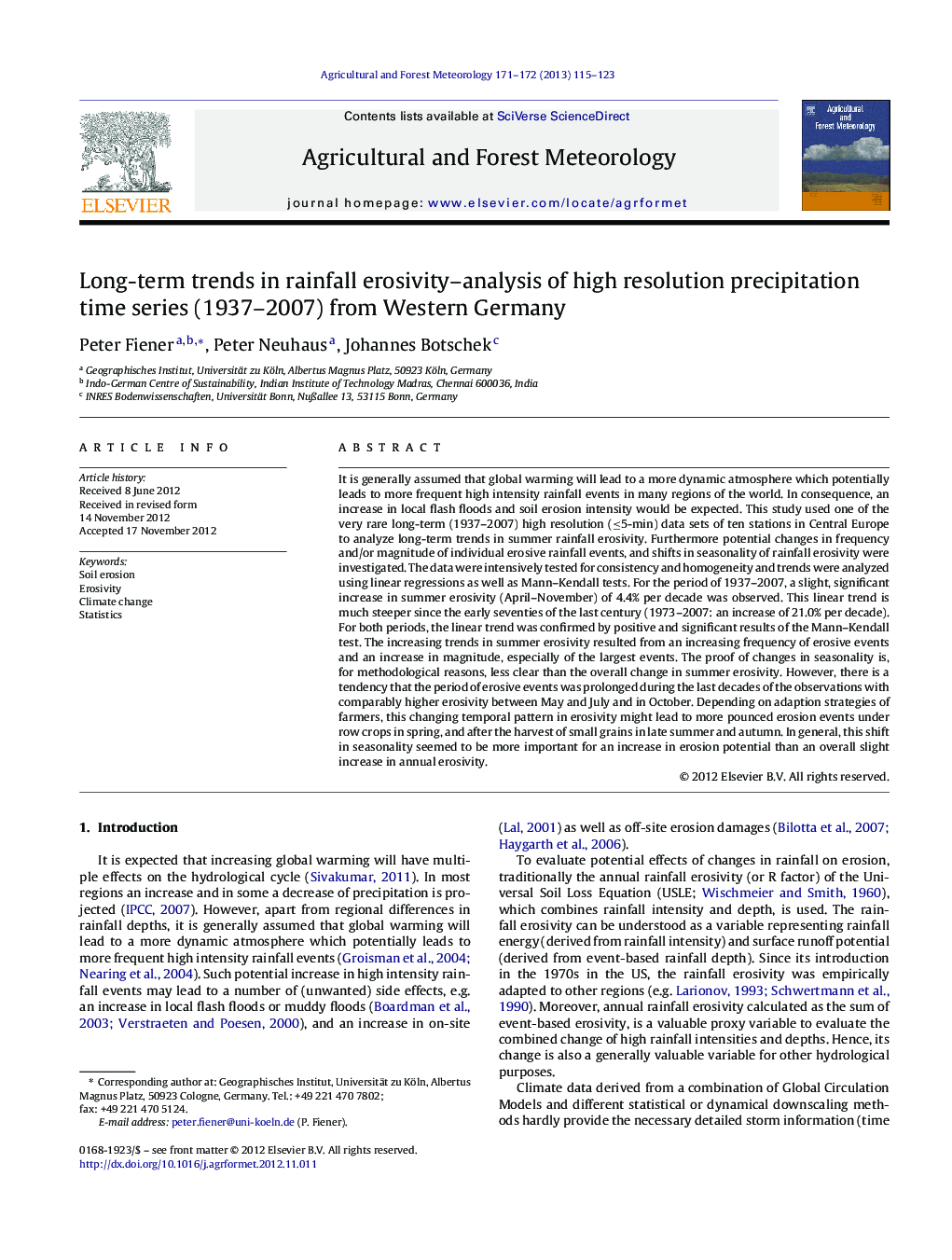 Long-term trends in rainfall erosivity–analysis of high resolution precipitation time series (1937–2007) from Western Germany