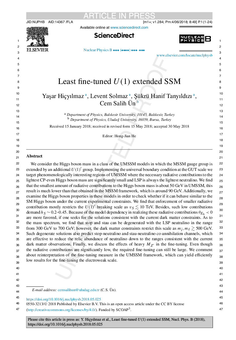 عکس صفحه اول مقاله: Least fine-tuned U(1) extended SSM Least fine-tuned U(1) extended SSM