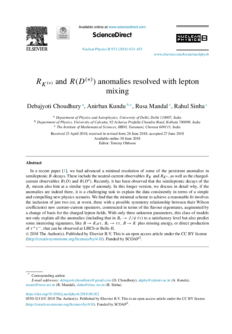 عکس صفحه اول مقاله: RK(â) and R(D(â)) anomalies resolved with lepton mixing RK(â) and R(D(â)) anomalies resolved with lepton mixing