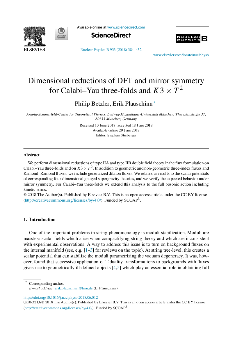عکس صفحه اول مقاله: Dimensional reductions of DFT and mirror symmetry for Calabi-Yau three-folds and K3â¯Ãâ¯T2 Dimensional reductions of DFT and mirror symmetry for Calabi-Yau three-folds and K3â¯Ãâ¯T2