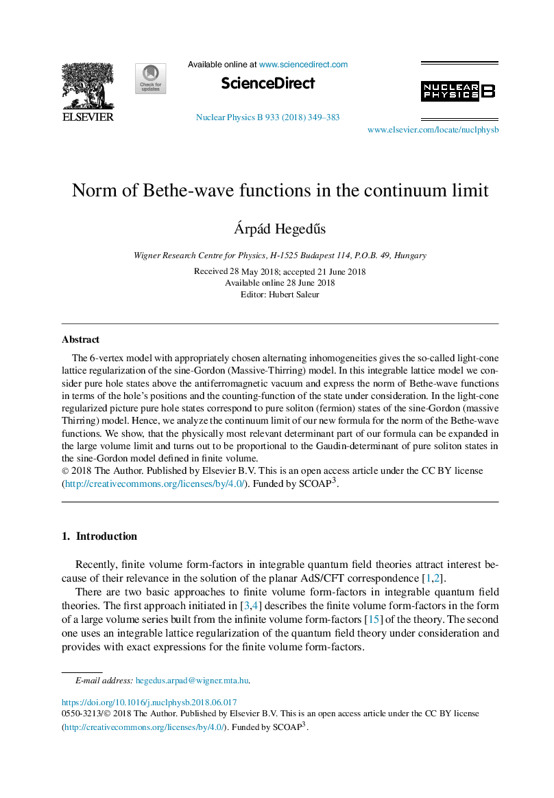 عکس صفحه اول مقاله: Norm of Bethe-wave functions in the continuum limit Norm of Bethe-wave functions in the continuum limit