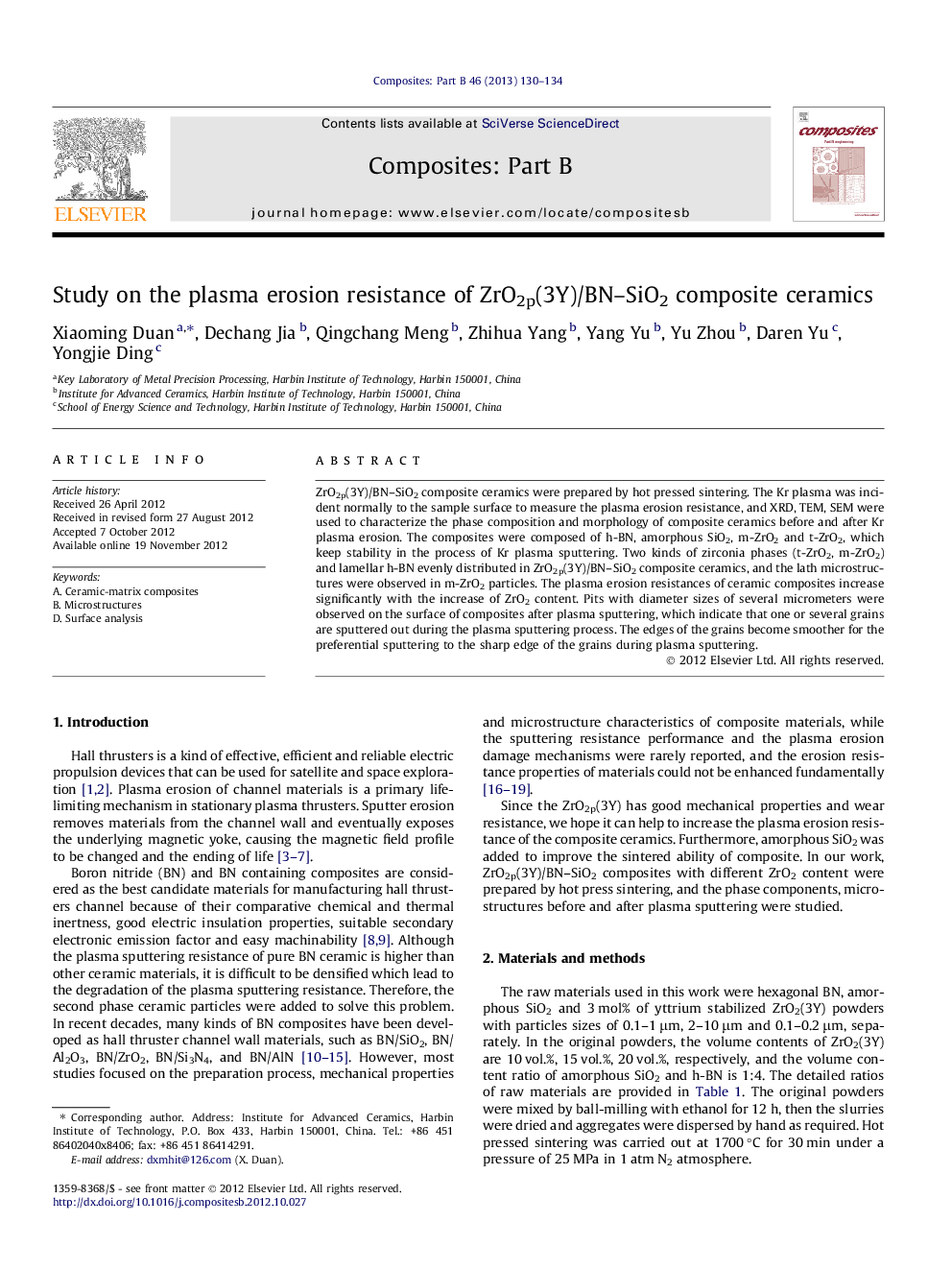 Study on the plasma erosion resistance of ZrO2p(3Y)/BN–SiO2 composite ceramics