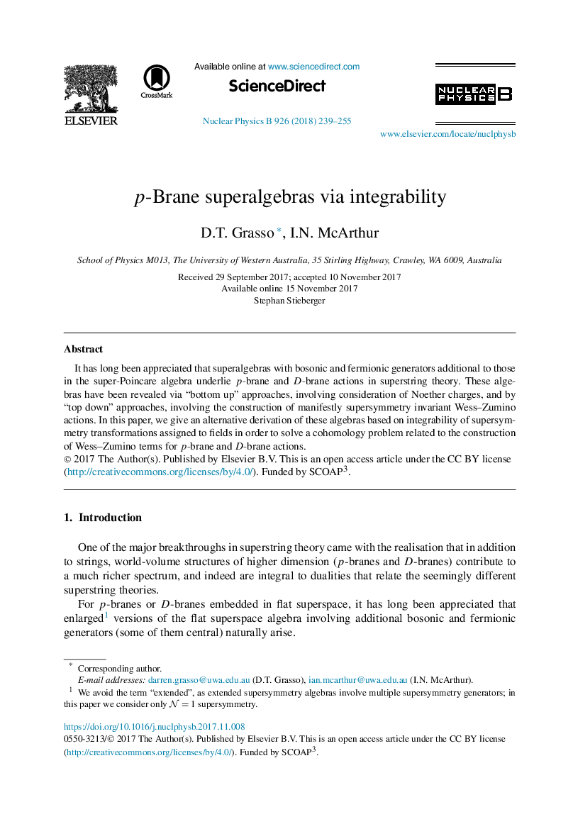 p-Brane superalgebras via integrability
