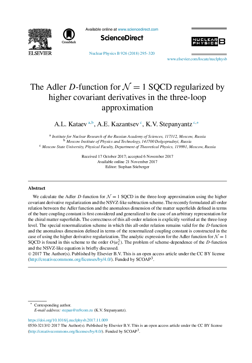 The Adler D-function for N=1 SQCD regularized by higher covariant derivatives in the three-loop approximation