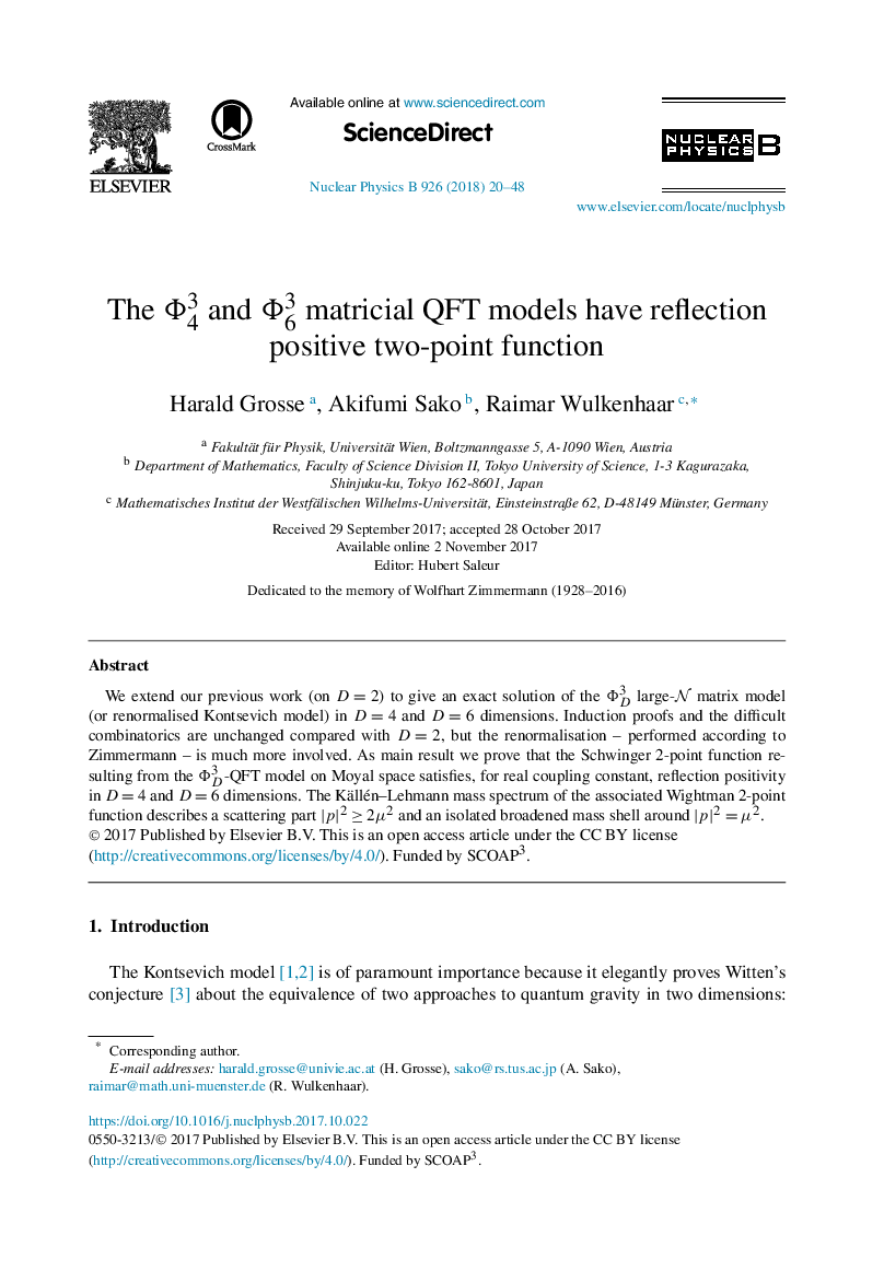 The Î¦43 and Î¦63 matricial QFT models have reflection positive two-point function
