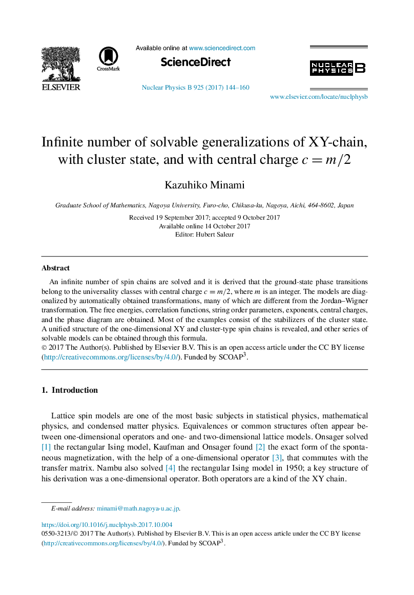Infinite number of solvable generalizations of XY-chain, with cluster state, and with central charge cÂ =Â m/2