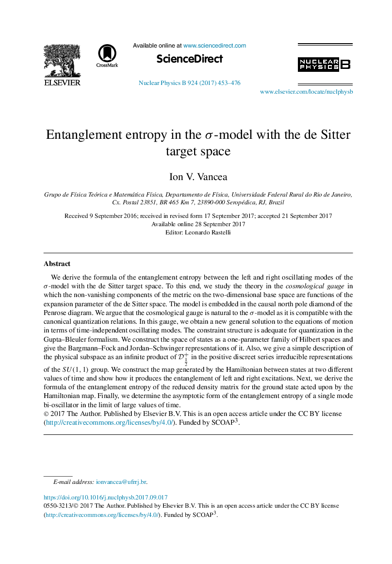 Entanglement entropy in the Ï-model with the de Sitter target space