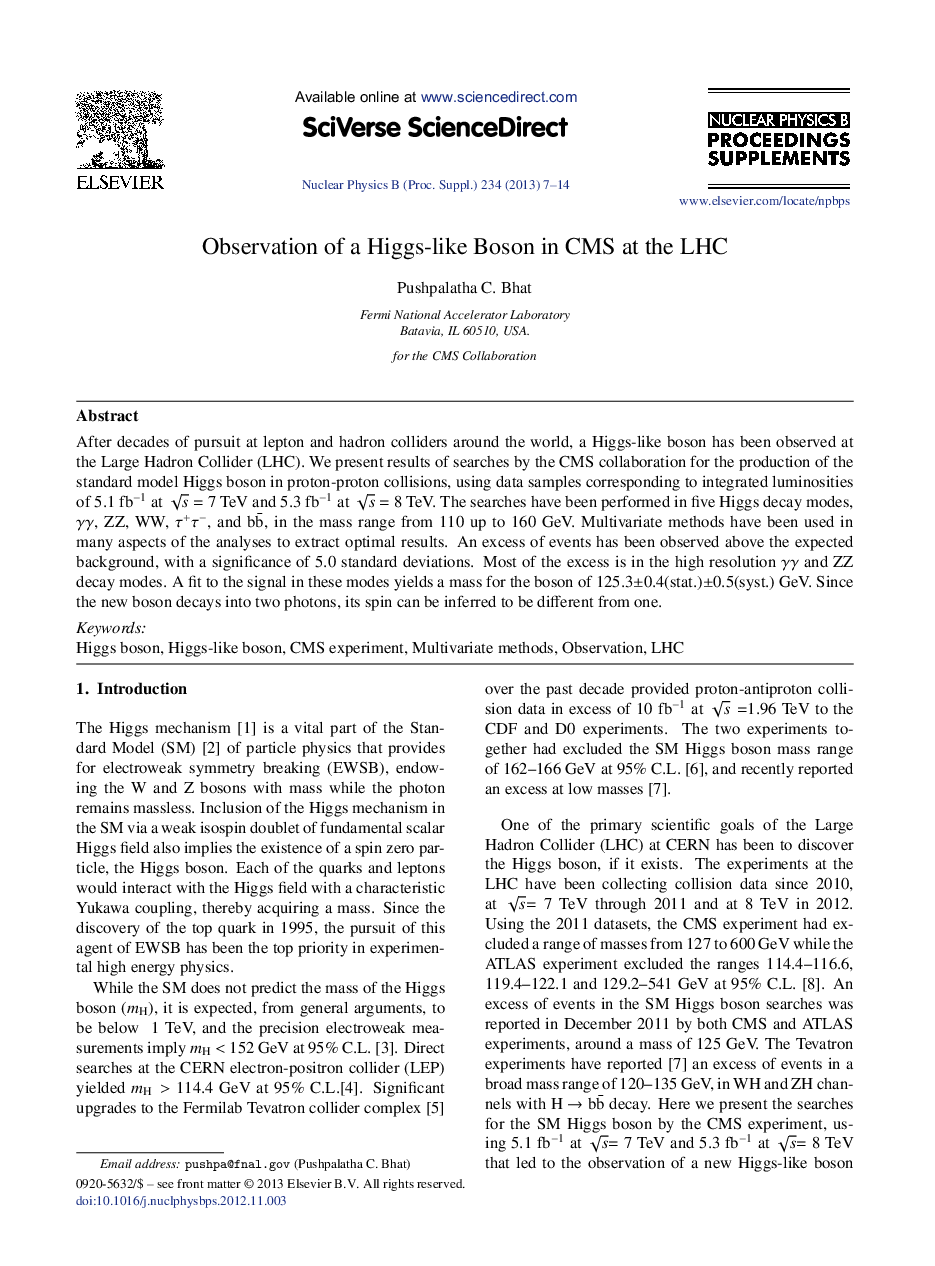 Observation of a Higgs-like Boson in CMS at the LHC