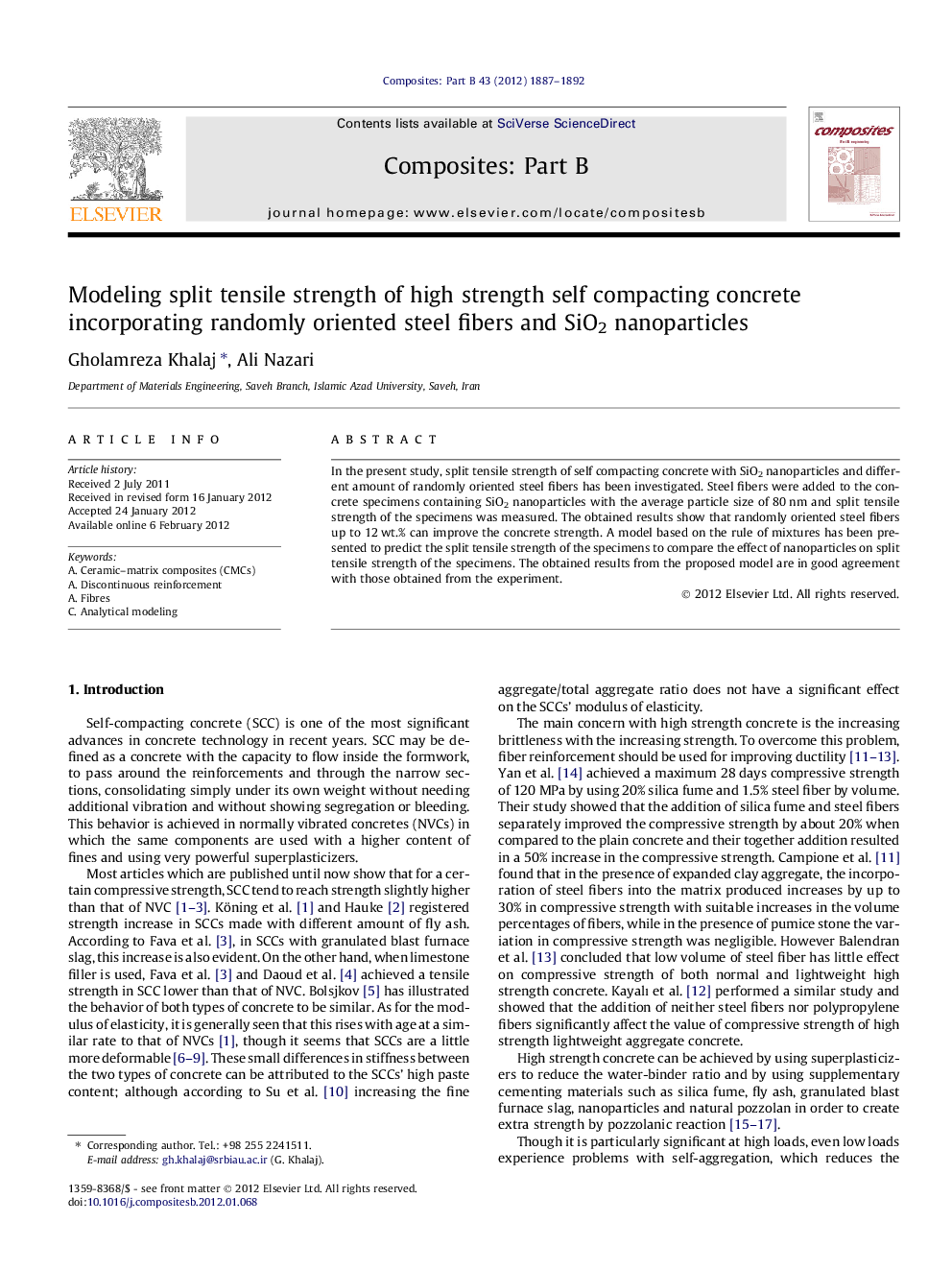 Modeling split tensile strength of high strength self compacting concrete incorporating randomly oriented steel fibers and SiO2 nanoparticles