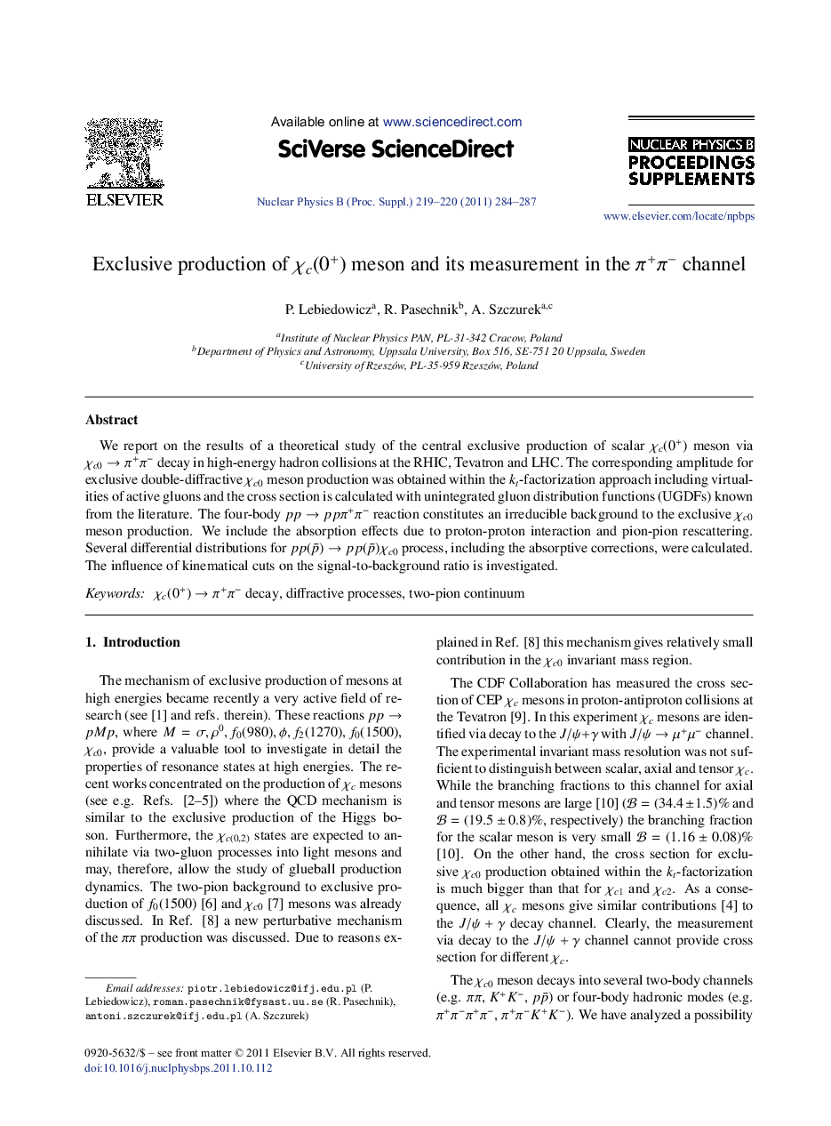 Exclusive production of Ïc(0+) meson and its measurement in the Ï+Ïâ channel