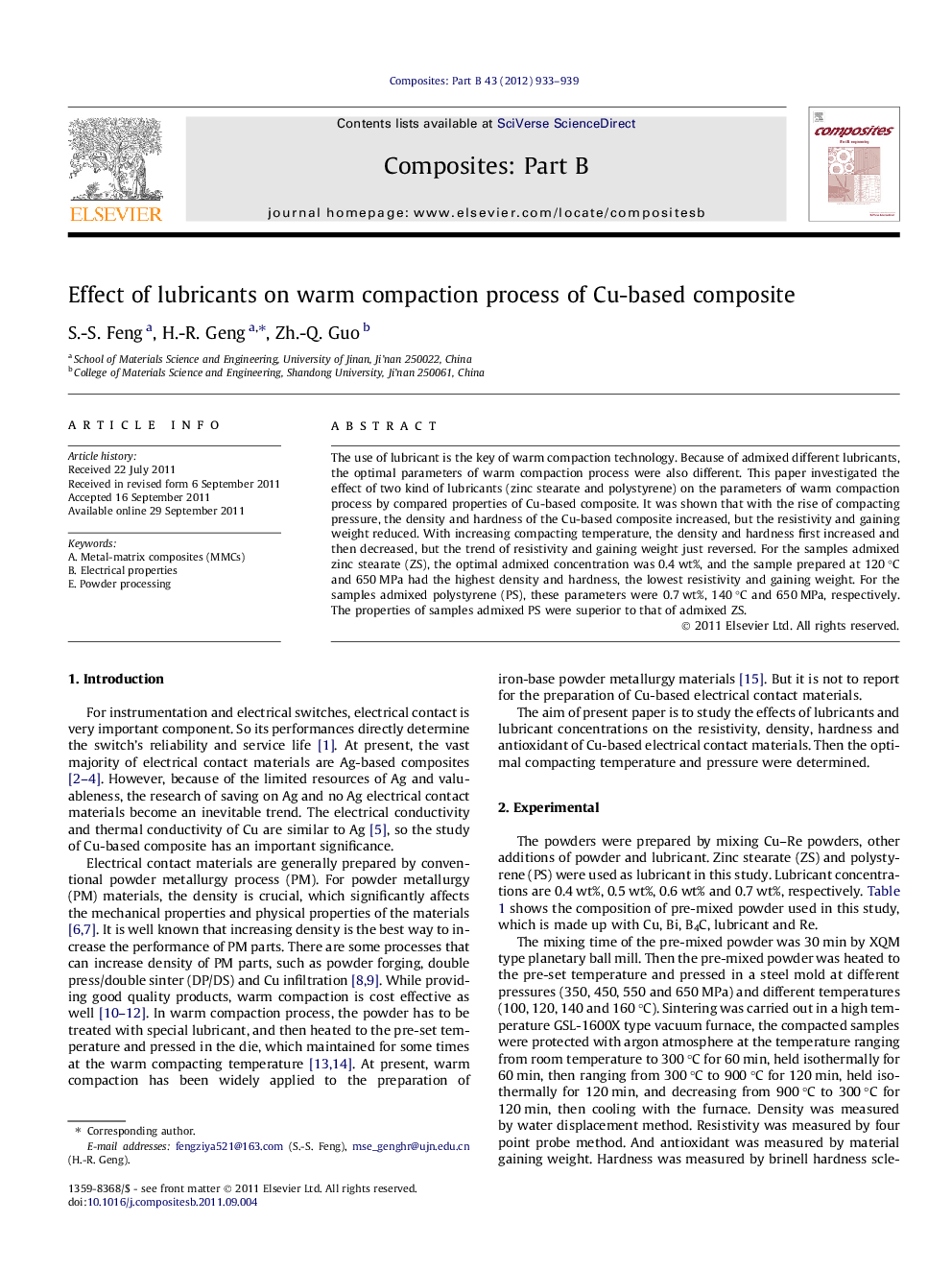 Effect of lubricants on warm compaction process of Cu-based composite