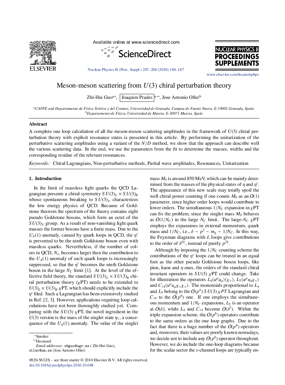 Meson-meson scattering from U(3) chiral perturbation theory