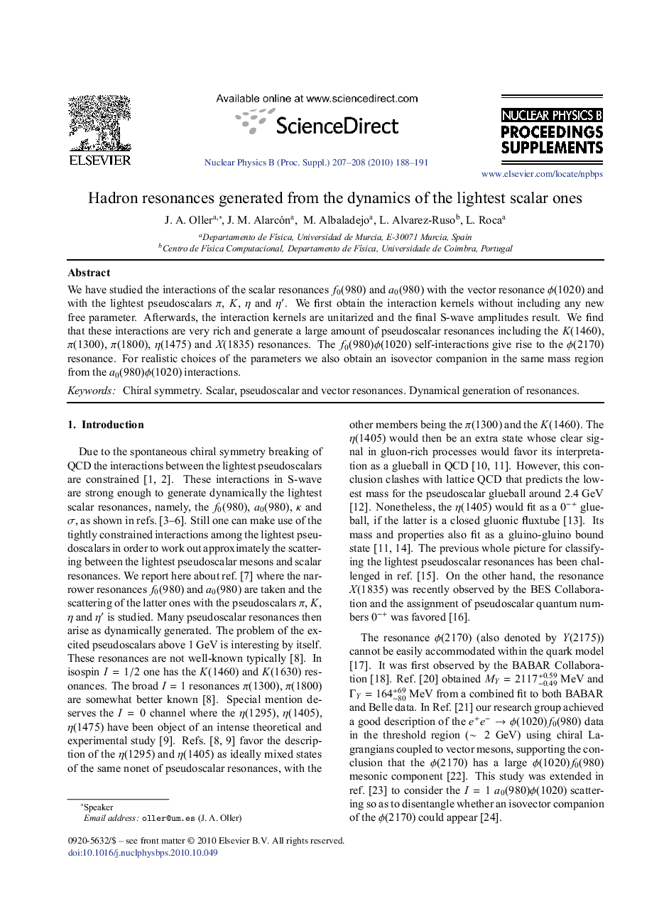 عکس صفحه اول مقاله: Hadron resonances generated from the dynamics of the lightest scalar ones Hadron resonances generated from the dynamics of the lightest scalar ones