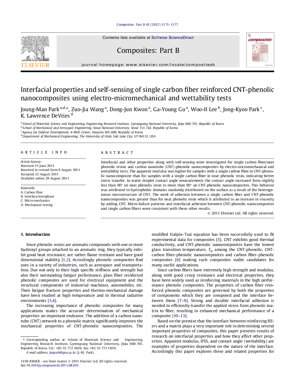 Interfacial properties and self-sensing of single carbon fiber reinforced CNT-phenolic nanocomposites using electro-micromechanical and wettability tests