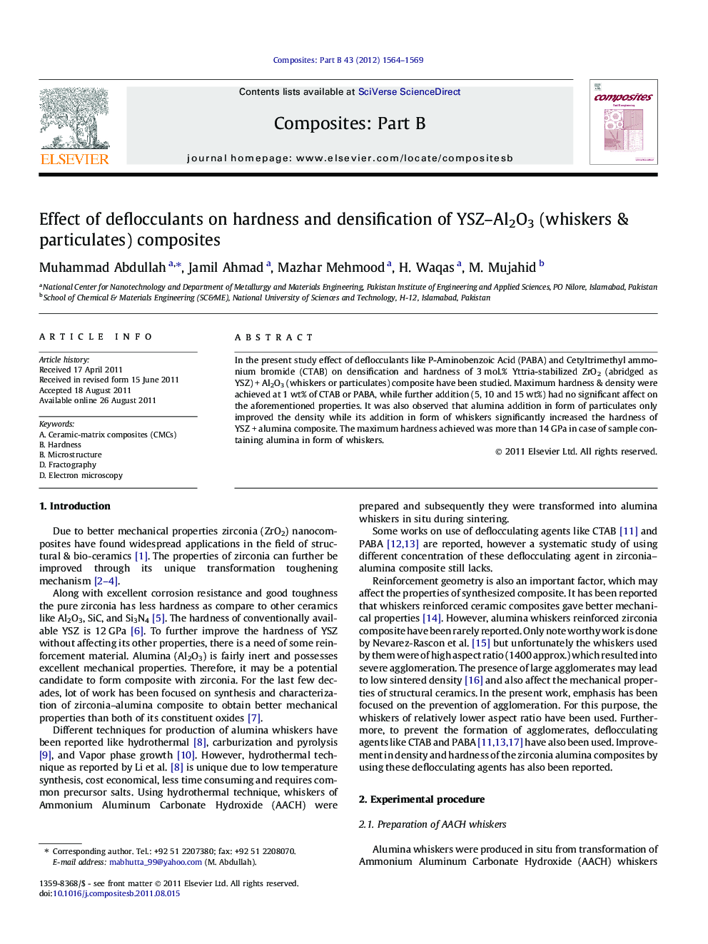 Effect of deflocculants on hardness and densification of YSZ–Al2O3 (whiskers & particulates) composites