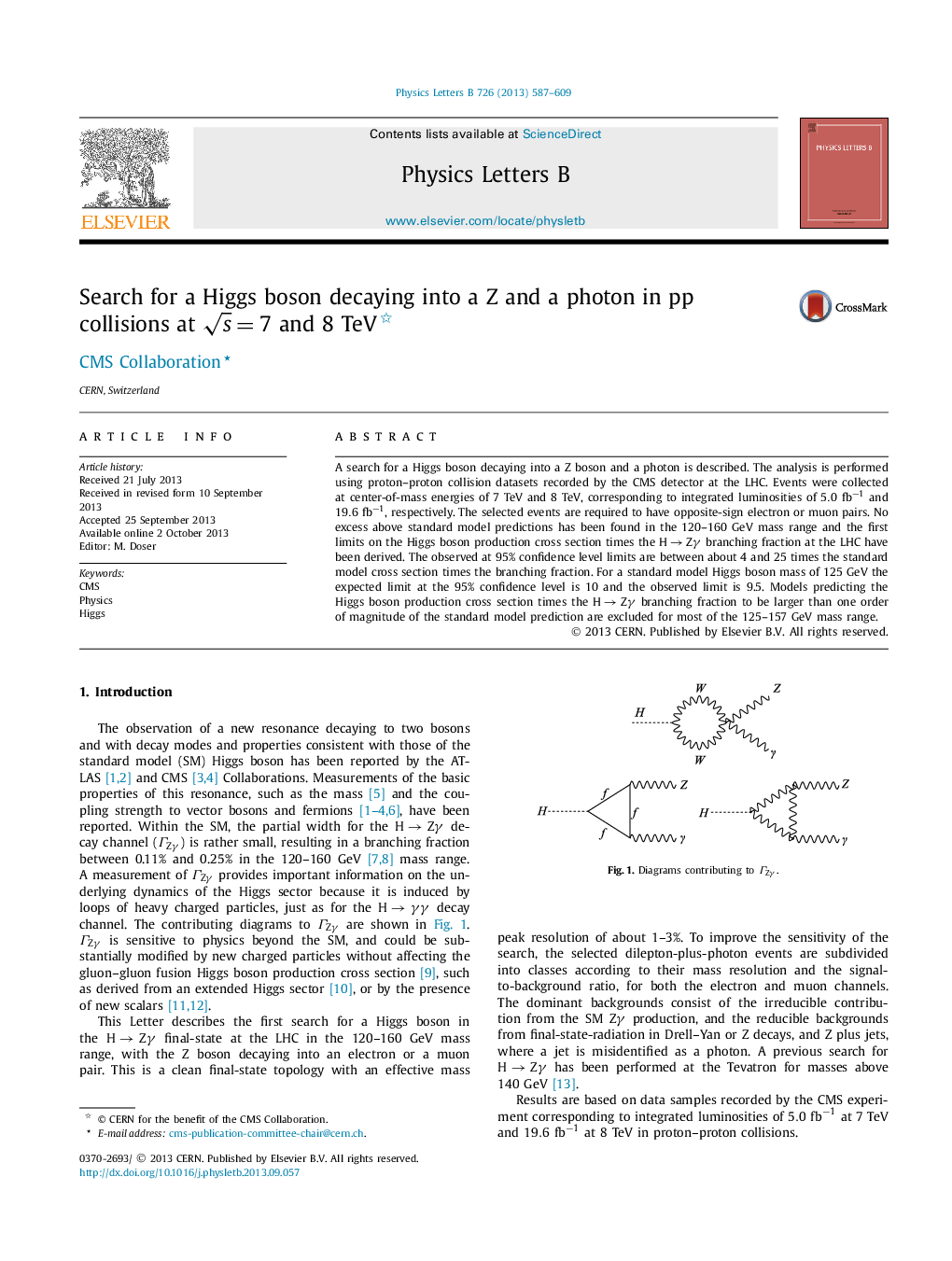 Search for a Higgs boson decaying into a Z and a photon in pp collisions at s=7 and 8TeV