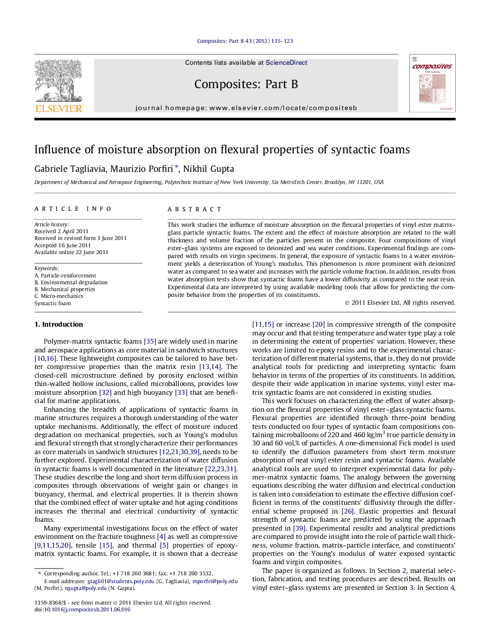 Influence of moisture absorption on flexural properties of syntactic foams