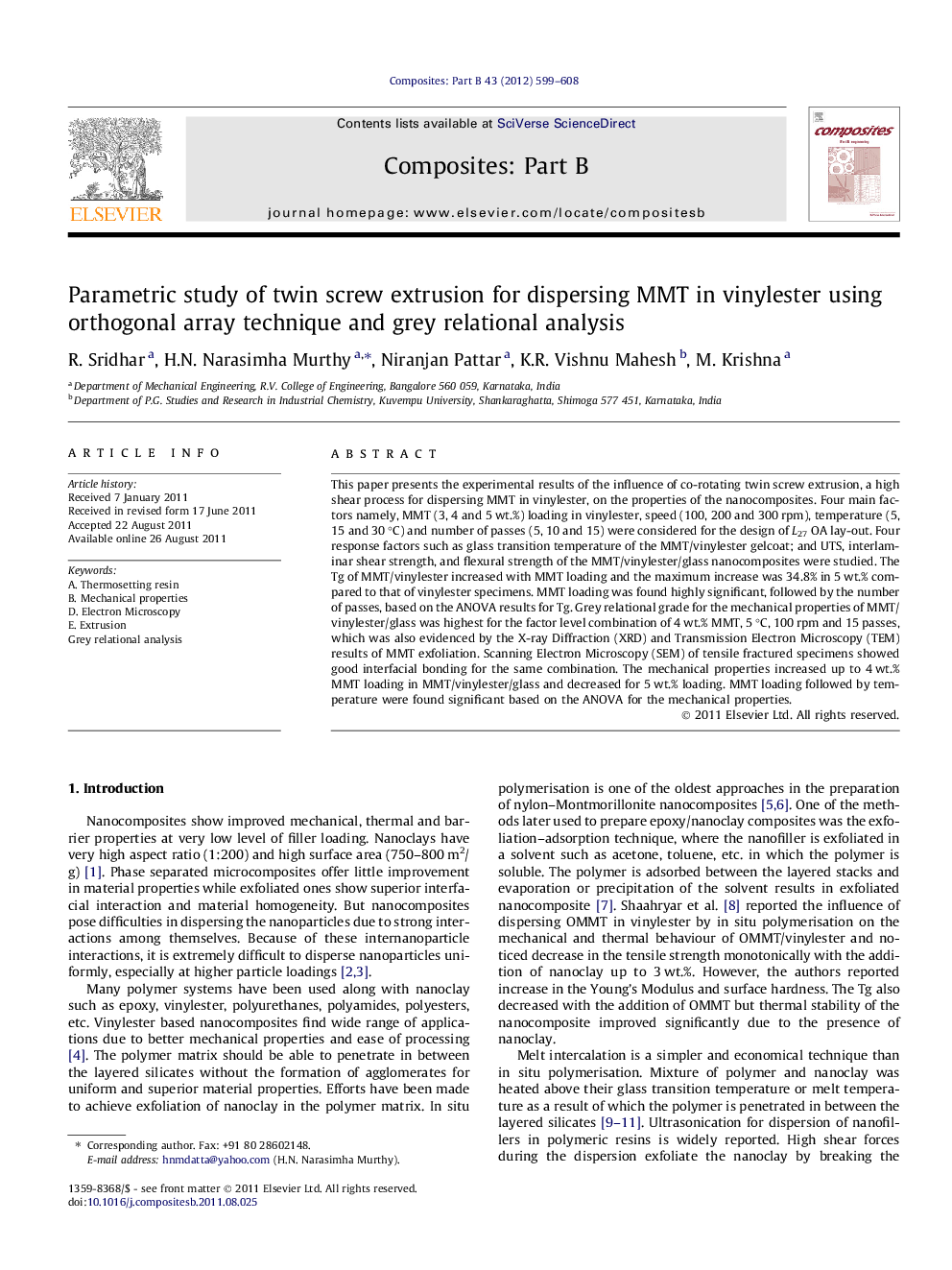 Parametric study of twin screw extrusion for dispersing MMT in vinylester using orthogonal array technique and grey relational analysis