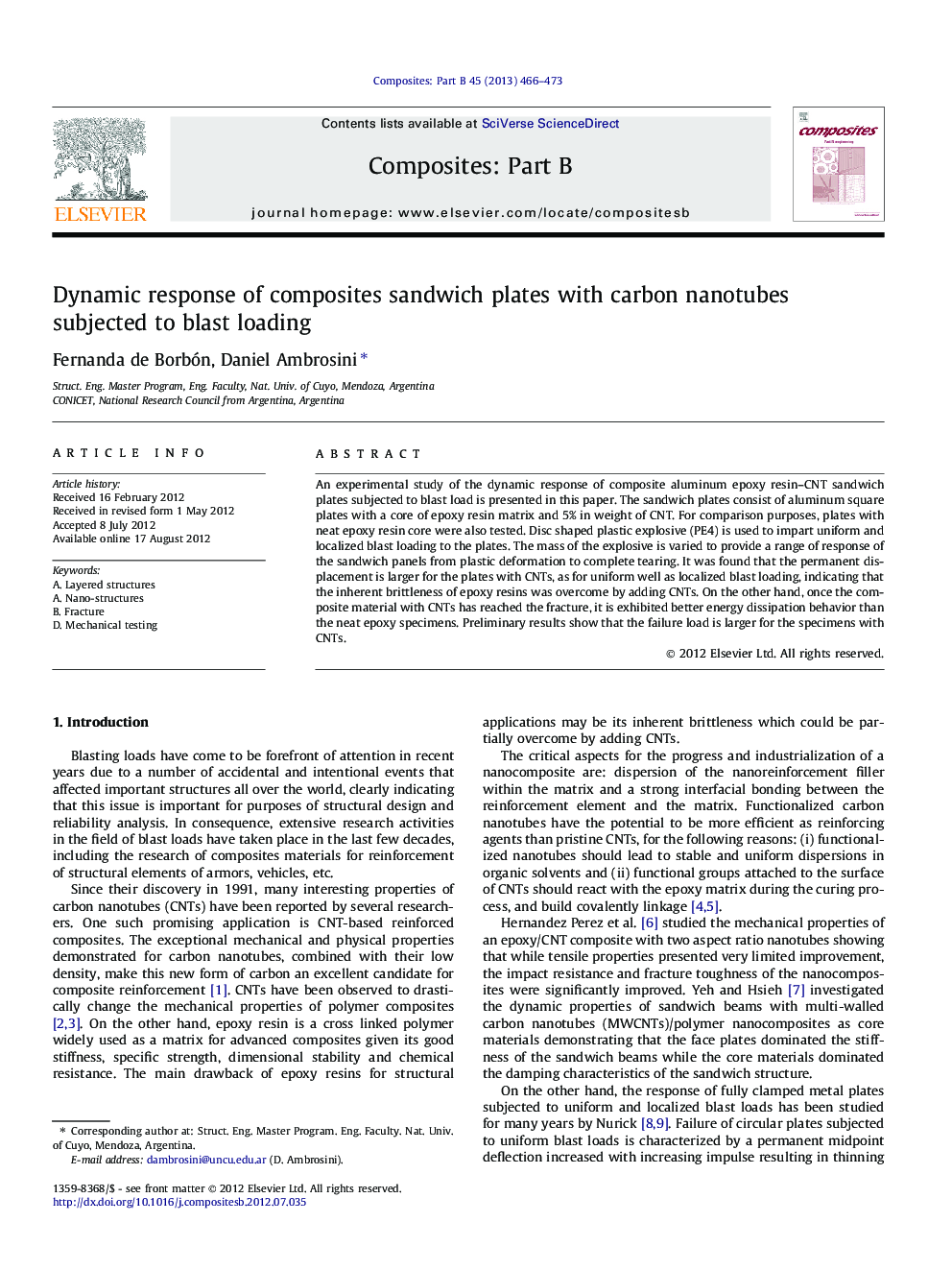 Dynamic response of composites sandwich plates with carbon nanotubes subjected to blast loading