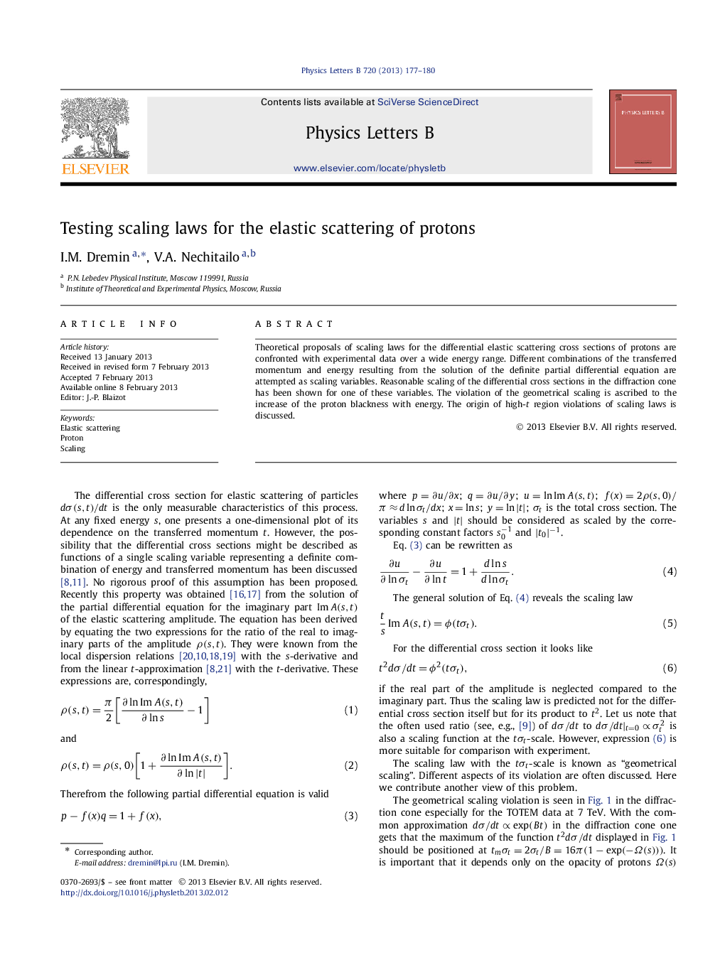 Testing scaling laws for the elastic scattering of protons