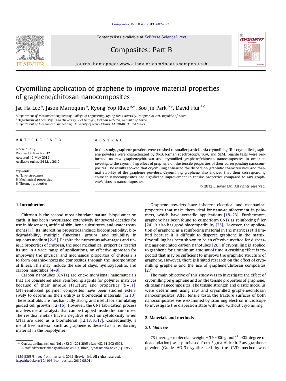 Cryomilling application of graphene to improve material properties of graphene/chitosan nanocomposites