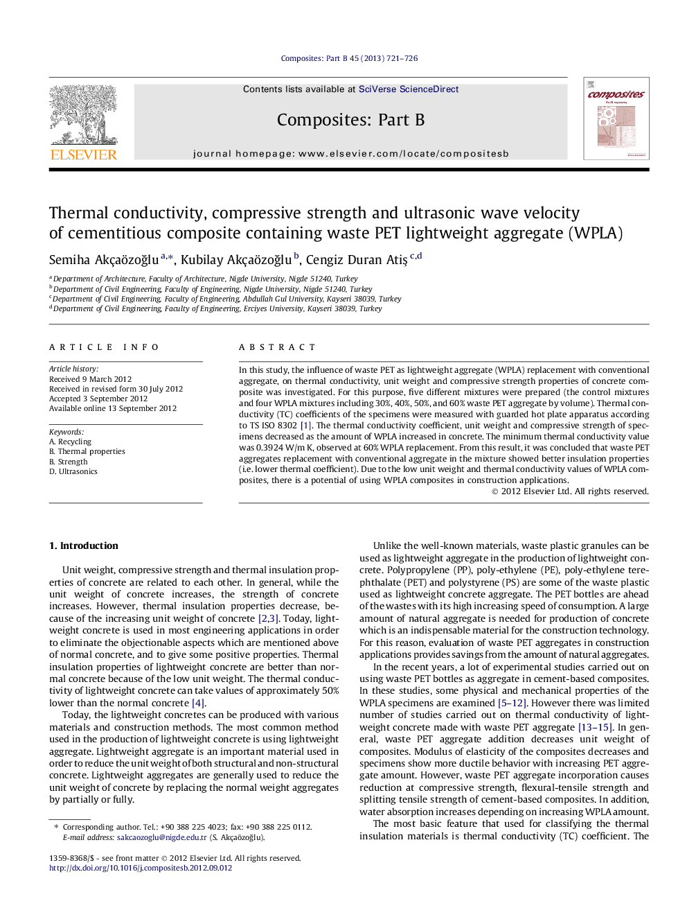 Thermal conductivity, compressive strength and ultrasonic wave velocity of cementitious composite containing waste PET lightweight aggregate (WPLA)