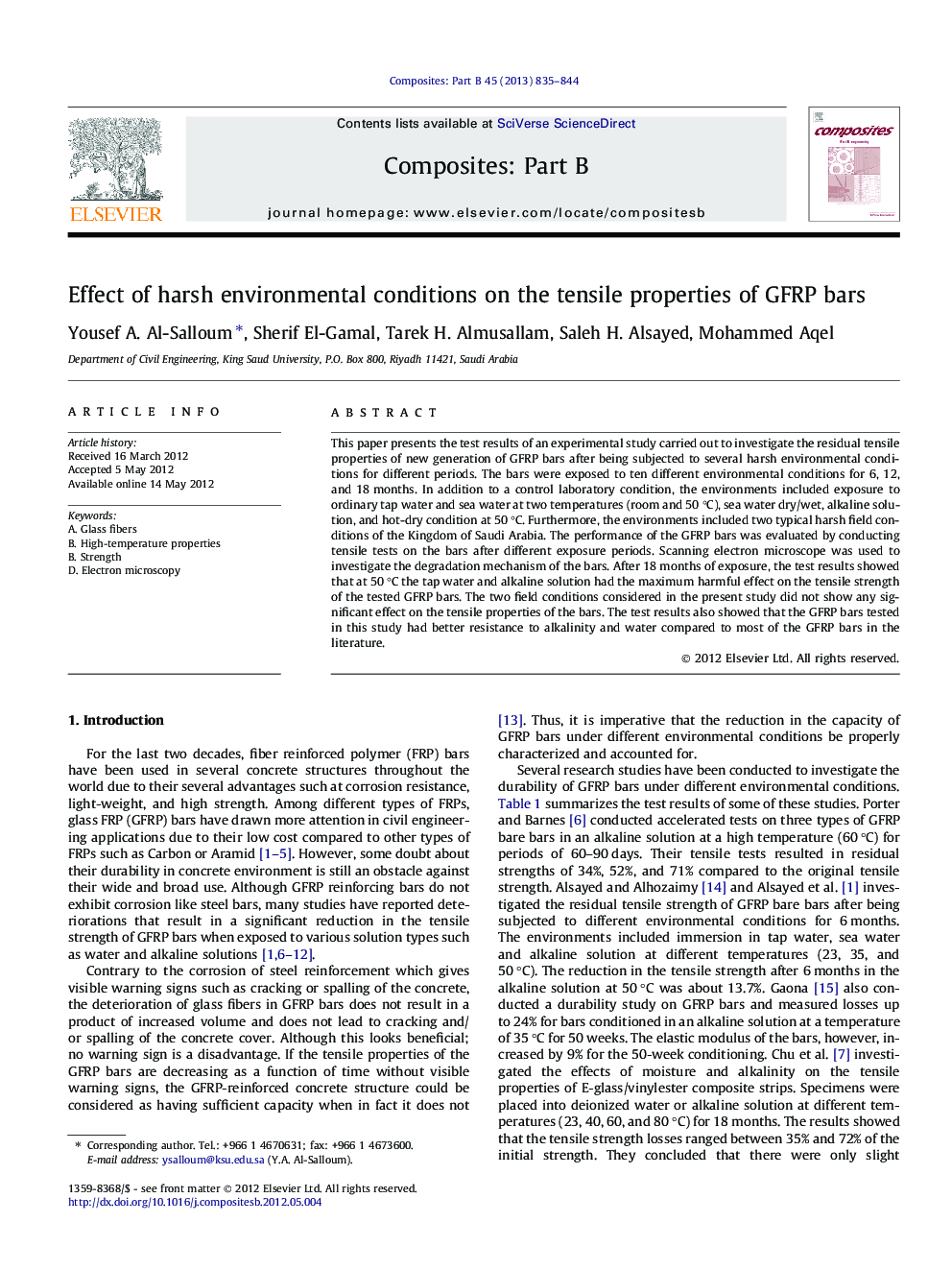 Effect of harsh environmental conditions on the tensile properties of GFRP bars