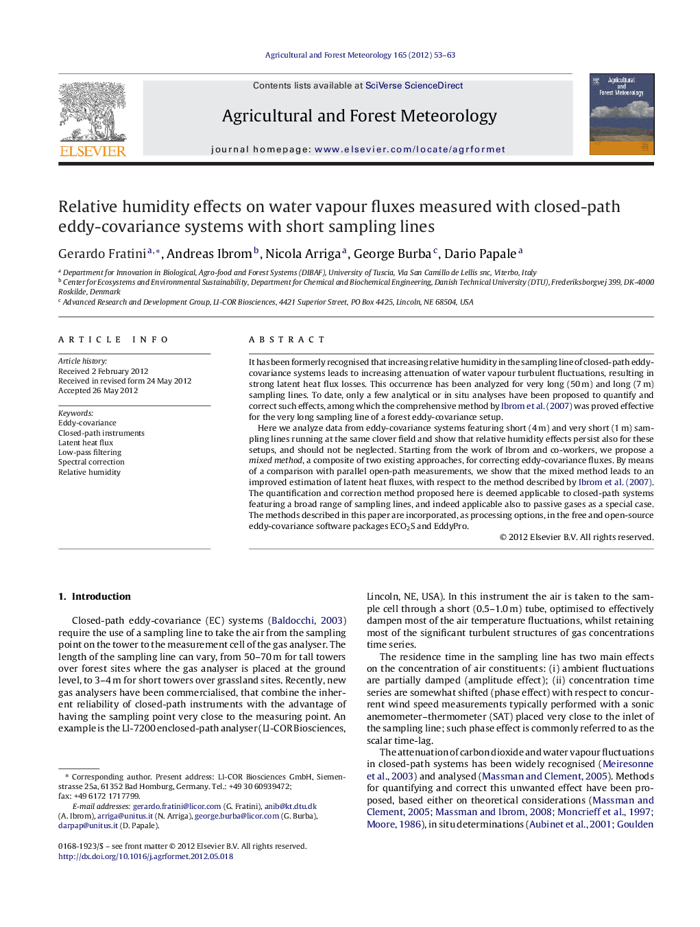 Relative humidity effects on water vapour fluxes measured with closed-path eddy-covariance systems with short sampling lines