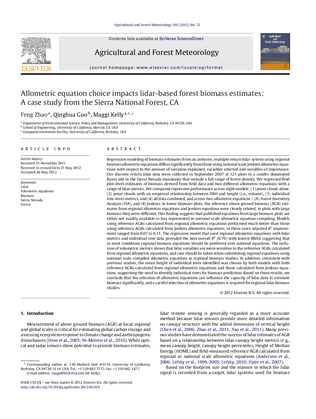 Allometric equation choice impacts lidar-based forest biomass estimates: A case study from the Sierra National Forest, CA