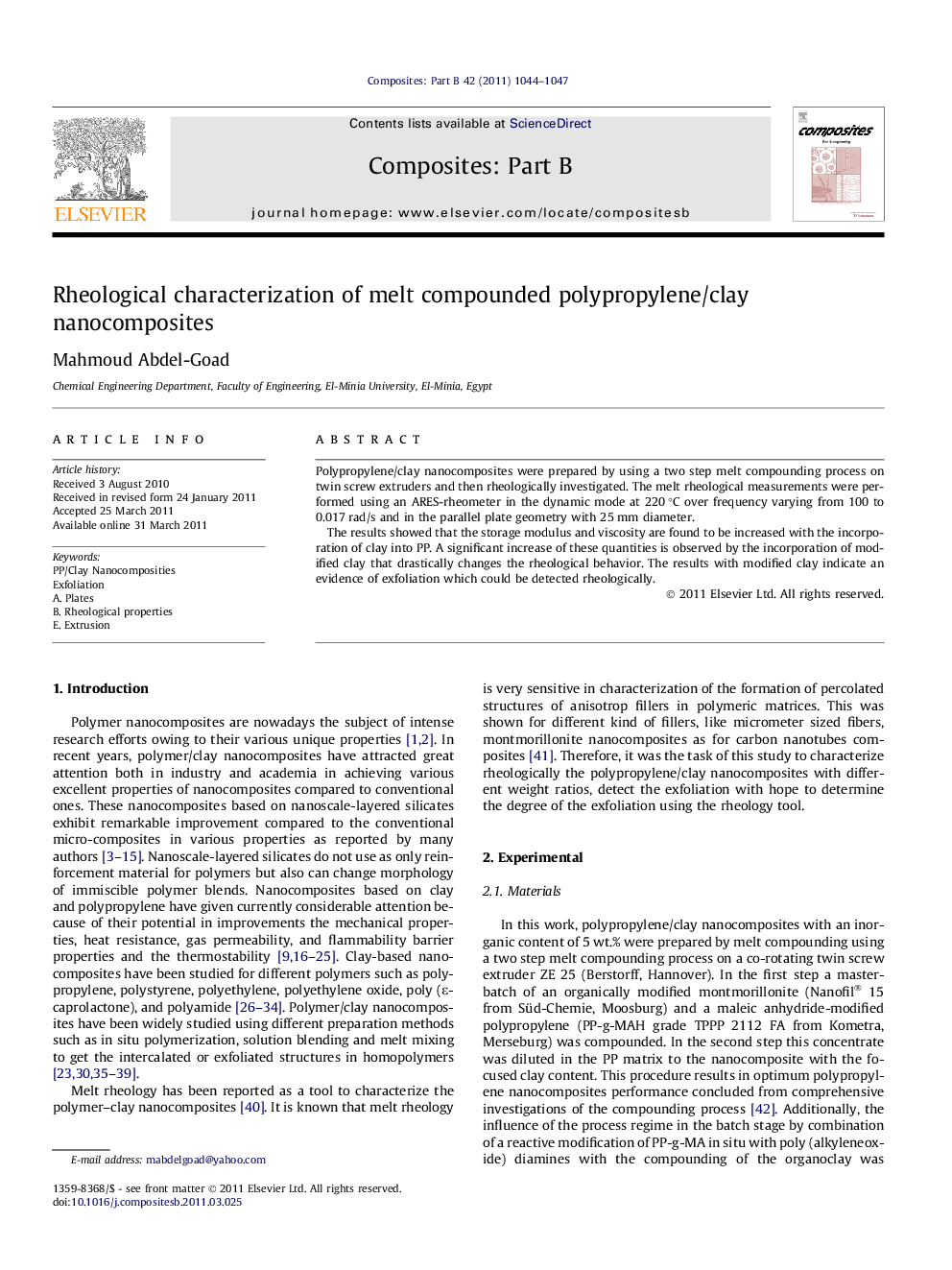 Rheological characterization of melt compounded polypropylene/clay nanocomposites