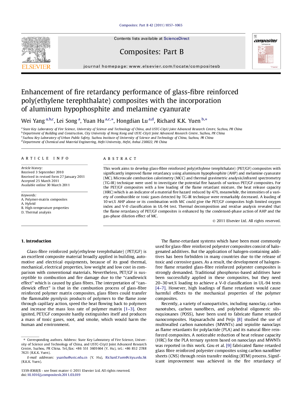 Enhancement of fire retardancy performance of glass-fibre reinforced poly(ethylene terephthalate) composites with the incorporation of aluminum hypophosphite and melamine cyanurate