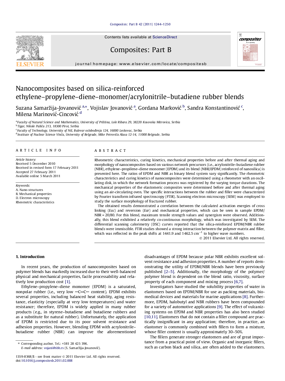 Nanocomposites based on silica-reinforced ethylene–propylene–diene–monomer/acrylonitrile–butadiene rubber blends