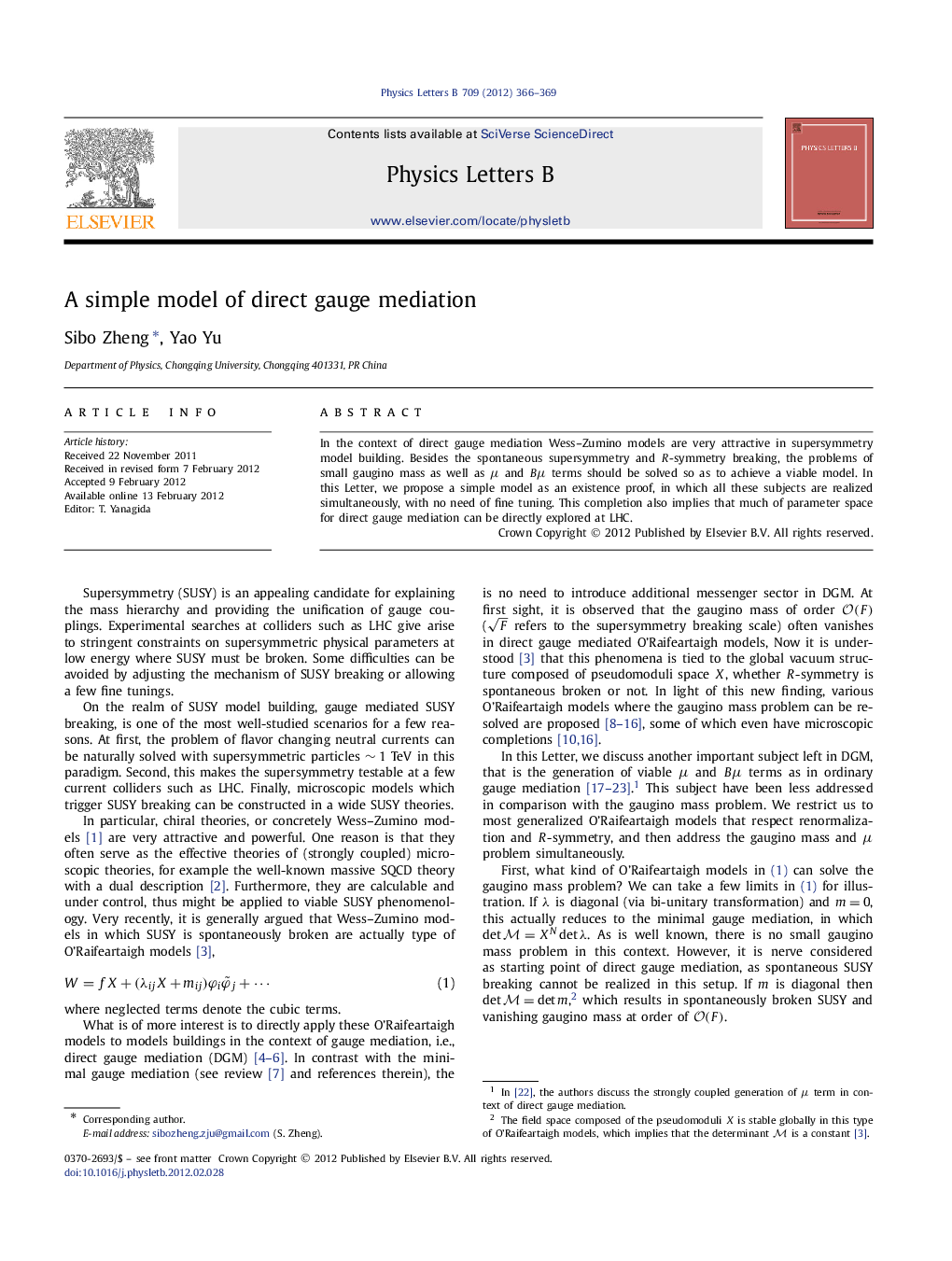 A simple model of direct gauge mediation