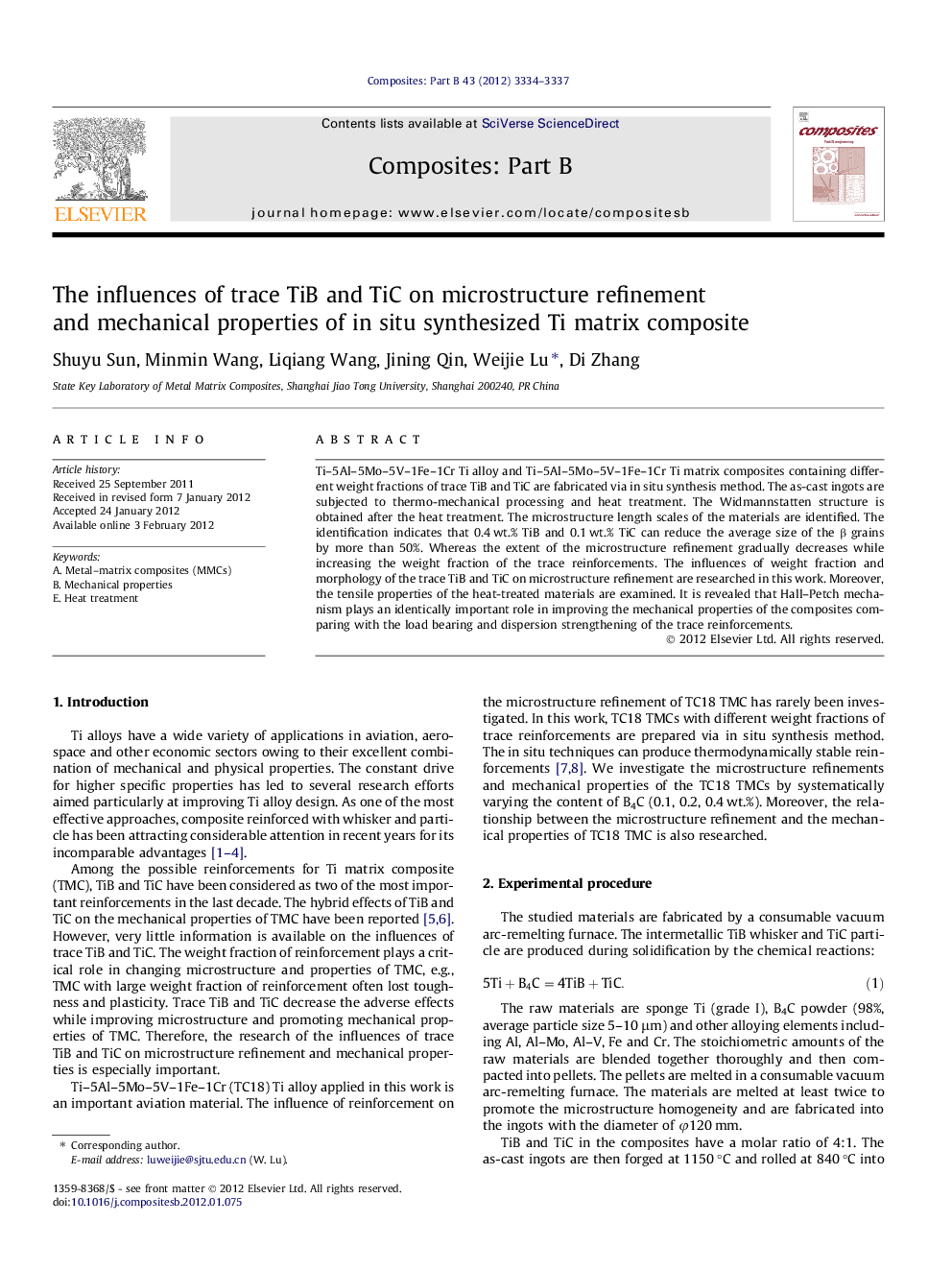 عکس صفحه اول مقاله: The influences of trace TiB and TiC on microstructure refinement and mechanical properties of in situ synthesized Ti matrix composite The influences of trace TiB and TiC on microstructure refinement and mechanical properties of in situ synthesized Ti matrix composite
