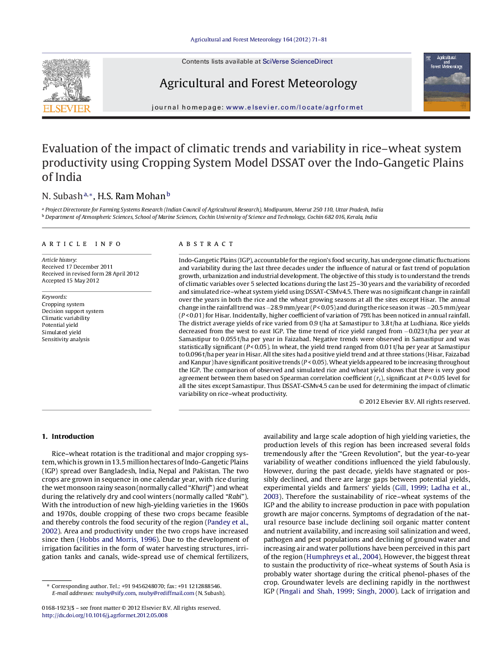 Evaluation of the impact of climatic trends and variability in rice–wheat system productivity using Cropping System Model DSSAT over the Indo-Gangetic Plains of India