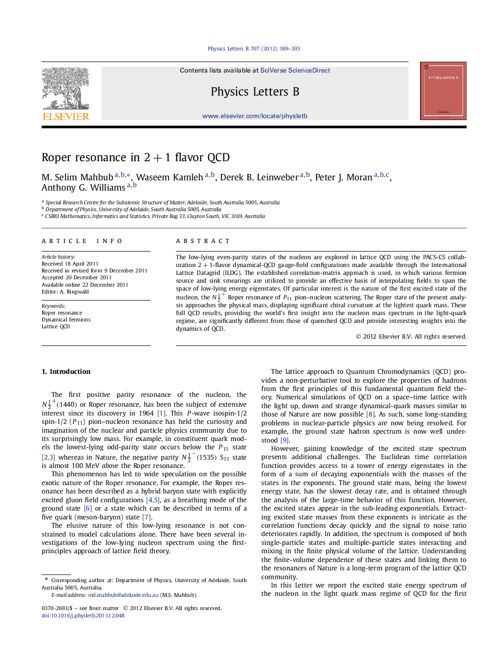 Roper resonance in 2+1 flavor QCD