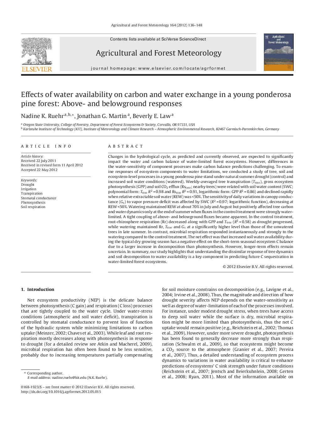 Effects of water availability on carbon and water exchange in a young ponderosa pine forest: Above- and belowground responses