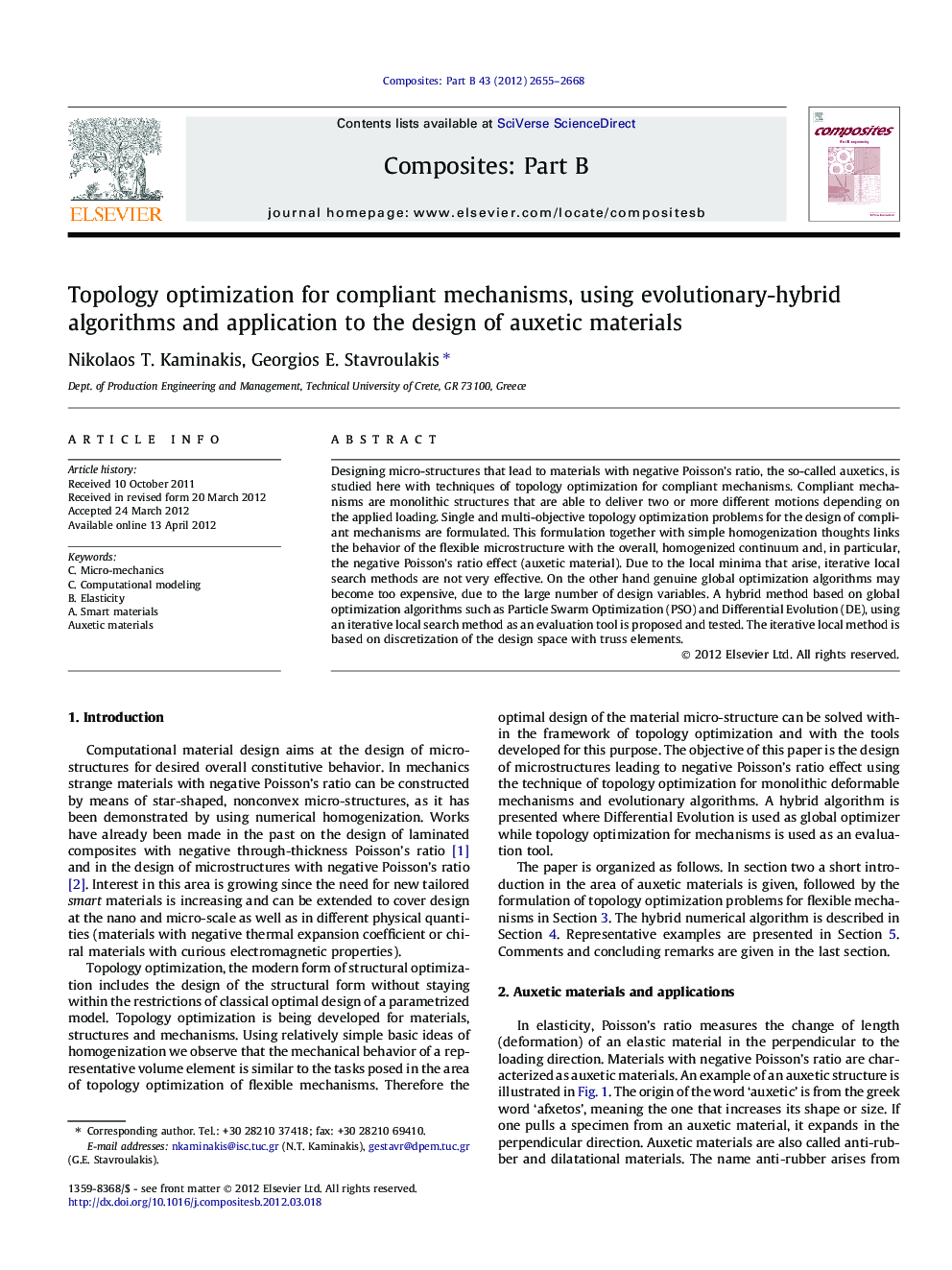 Topology optimization for compliant mechanisms, using evolutionary-hybrid algorithms and application to the design of auxetic materials