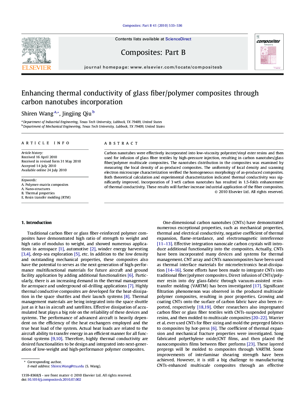 Enhancing thermal conductivity of glass fiber/polymer composites through carbon nanotubes incorporation